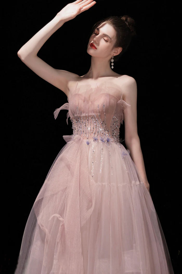 Pink Strapless Tulle Long Prom Dress with Beaded, Lovely Evening Party Dress
